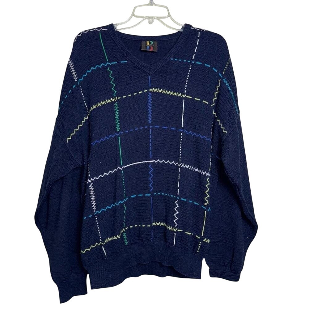 Vintage Baffo Navy Knit Sweater Large L Grandpa Core Retro Abstract Geometric